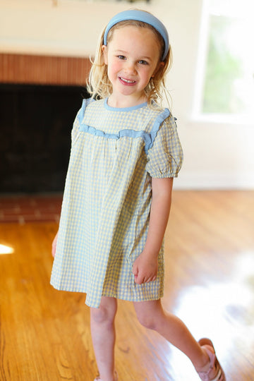 Kids Charming Blue Gingham Elastic Tie Sleeve Dress (Open Pack)