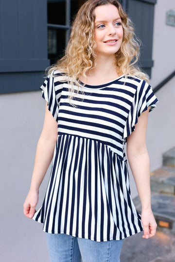 Dark Navy Ivory Stripe Short Sleeve Babydoll Top
