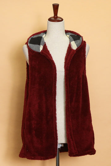 Red Faux Fur Plaid Hooded Vest