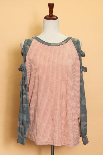 Plus Coral Camo Sleeve Exposed Shoulder Top (5pc)