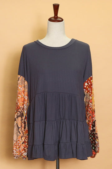 Decorative Sleeved Ribbed Tiered Blouse