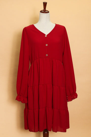 Red Tiered Button Detail Dress (4pc)