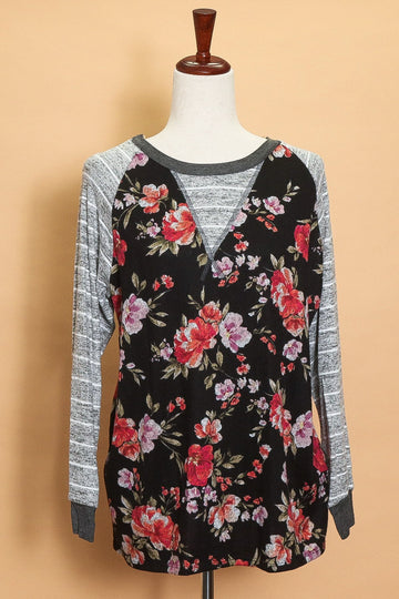 Plus Floral Stripe Sleeve Long Sleeve Tee (5pc)