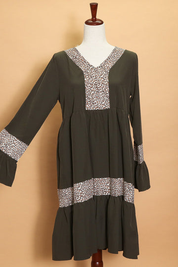 Olive Green Animal Color Block Dress (4pc)
