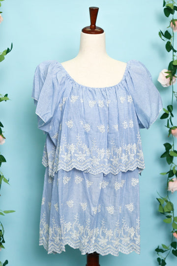 Plus Stripe Embroidered Scallop Tiered Top