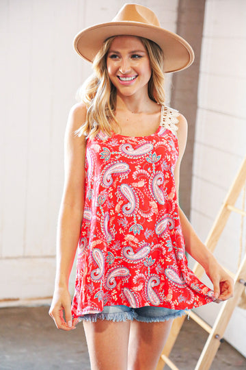 Coral Paisley Scallop Crochet Strap Tank Top (Open Pack)