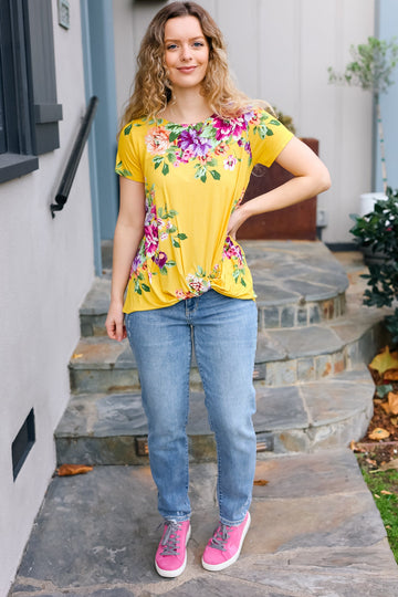 Yellow Floral Print Back Cross Detail Top