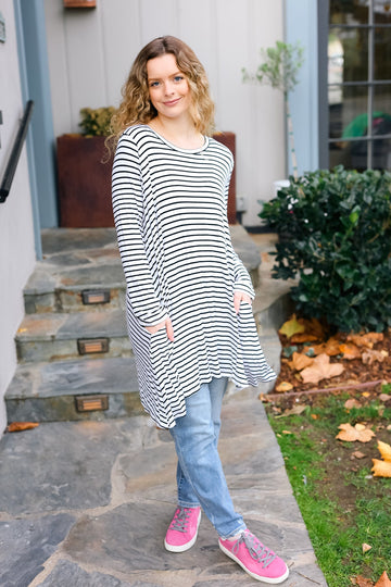 Plus Ivory Black Stripe Pocketed Dress
