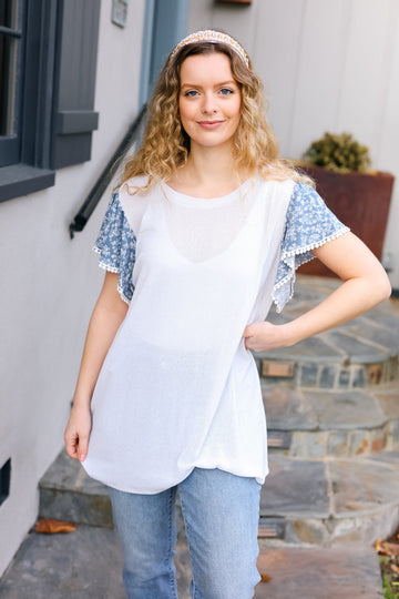 Plus White Denim Round Neck Floral Short Sleeve Pom Pom Lace Top