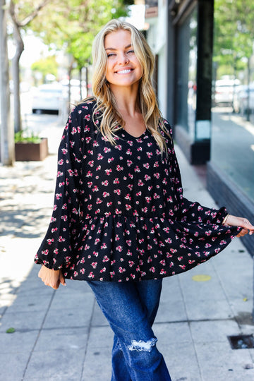 Black Sheer Dainty Floral Babydoll Blouse