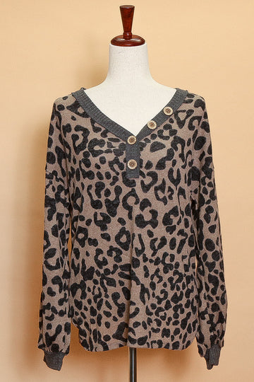 Animal Grey Trim Button Sweater