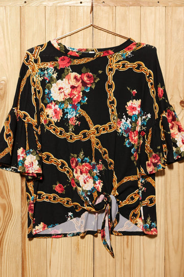 Black Floral Bell Sleeve Front Tie Top (5pc)