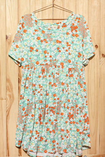 Mint and Coral Floral Pocketed Dress
