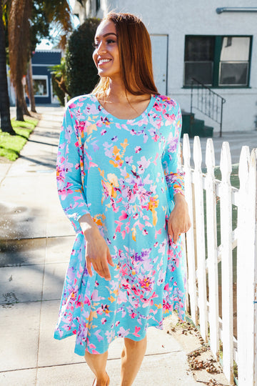 Aqua Floral Pocketed Dress