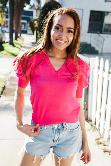 Be Bold Solid Fuchsia Shirred Puff Sleeve Sweater Top (Open Pack)