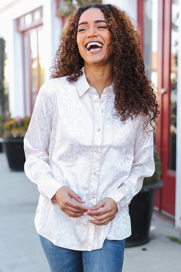 Beige Silky Animal Crochet Lined Button Top