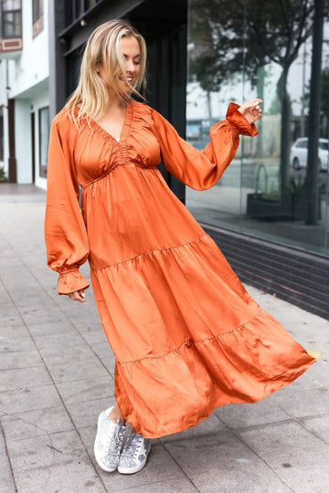 Elegant Rust Elastic V Neck Tiered Satin Maxi Dress (Open Pack)
