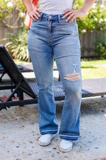 Judy Blue Medium Wash Mid Rise Release Hem Distressed Bootcut Jeans (Open Pack)