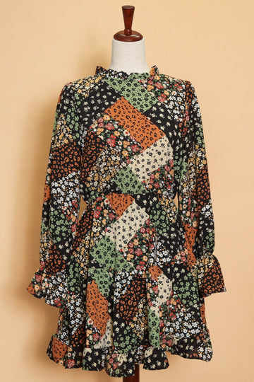 Multiprint Patchwork Ruffle Mock Neck Dress (5pc)