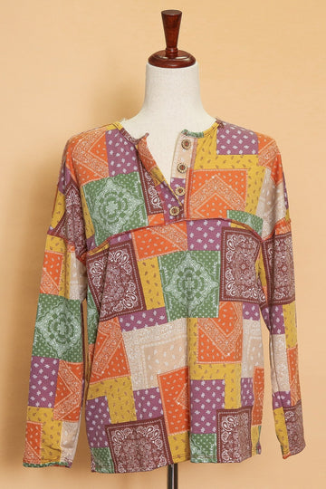 Patchwork Button Detail Long Sleeve Top