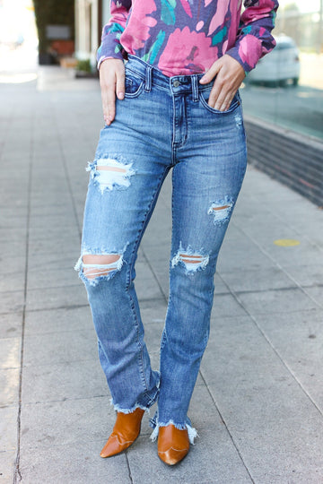 Judy Blue Medium Wash Mid Rise Distressed Straight Leg Jeans (Open Pack)