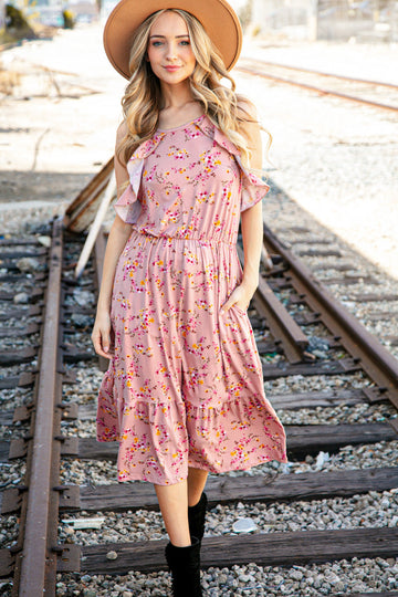 Rose Floral Halter Ruffle Hem Pocketed Midi Dress (Open Pack)