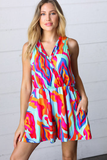 Vibrant Multicolor Abstract Sleeveless Surplice Romper (Open Pack)