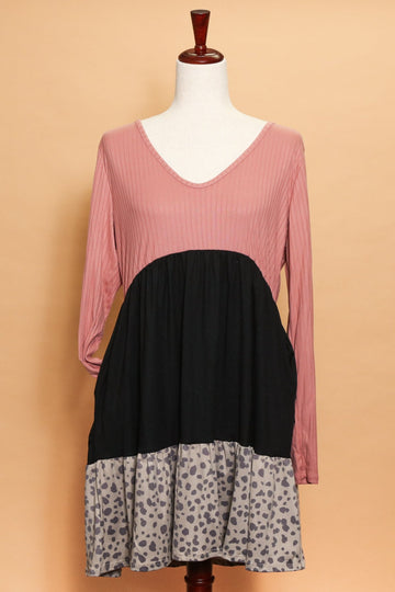Mauve and Black Pocketed Color Block Animal Dress