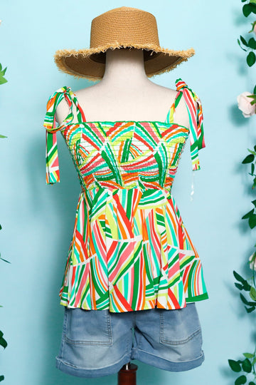 Geometric Smocking Tube Bow Strap Babydoll