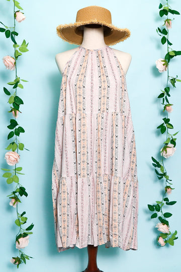 Plus Lt. Coral Vertical Stripe Halter Neck Tier Woven Dress