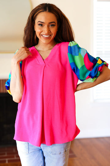 Tell Your Story Fuchsia Geo Print Puff Sleeve V Neck Top (Open Pack)