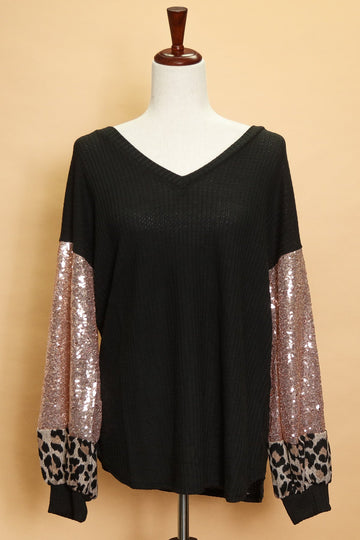 Black Sequin Animal Sleeve Blouse