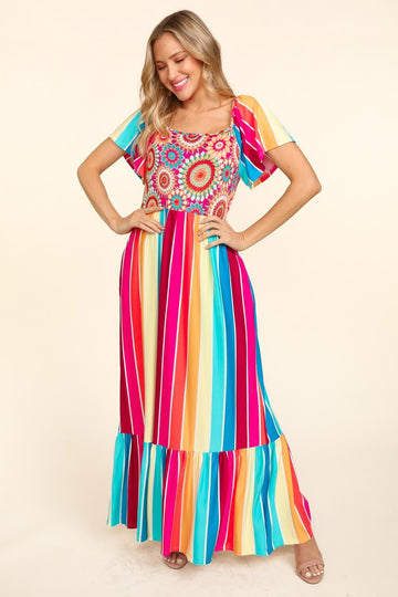 Medallion Crochet Color Block Maxi Dress