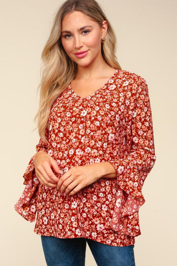Burgundy Waterfall Hi Low Three Quarter Sleeve Woven
