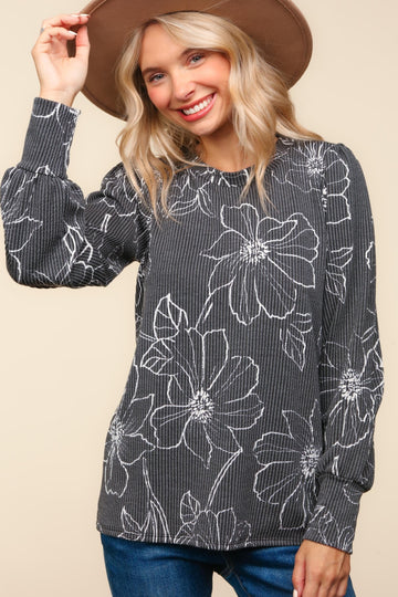 Long Sleeve Floral Print Wavy Rib Knit Top