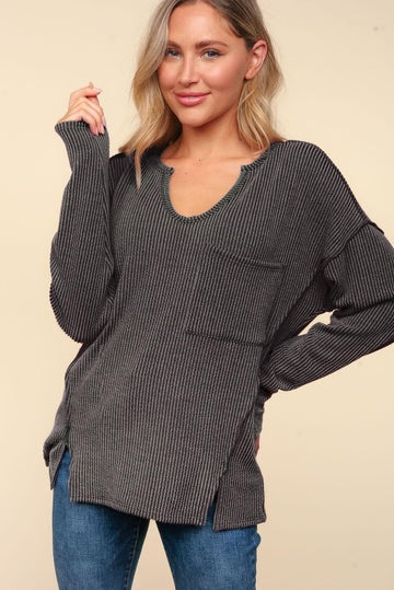 Plus Charcoal Mineral Washed Rib Top with Slits and Pockets