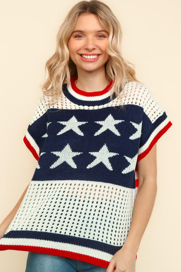PATRIOTIC STAR AND STRIPE NETTED SWEATER TOP