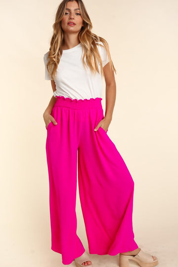 Plus Hot Pink Smocked Waist Wide Leg With Side Pockets Woven Pants 2-2-0