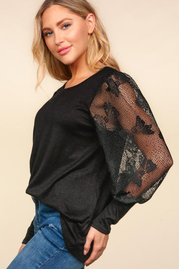Plus Black Lace Sleeve Soft Hacci Sweater Knit Top