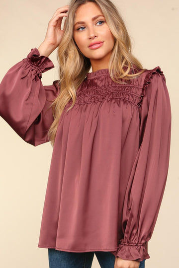Chestnut Mock Neck Satin Woven Blouse Top