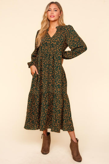 BABYDOLL FLORAL MAXI DRESS WITH SIDE POCKETS