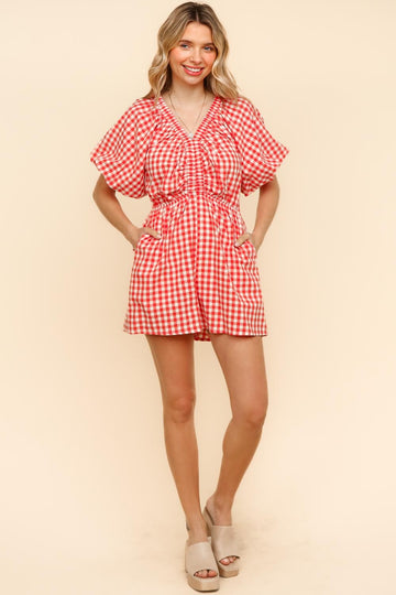 PLUS GINGHAM CHECK WOVEN ROMPER WITH SIDE POCKET