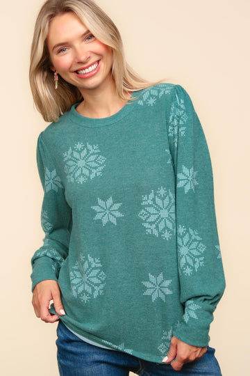 Green Long Sleeve Snowflake Print Hacci Knit Top