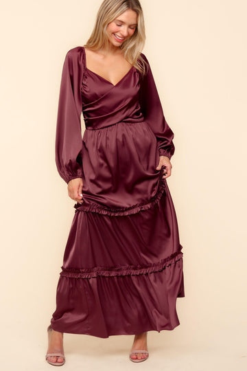 PLUS SATIN FRONT OVERLAP SMOCKED BACK MAXI DRESS