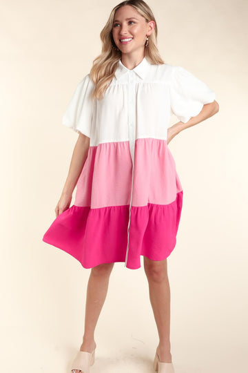 Plus Ivory Pink Fuchsia Button Down Color Block Pocketed Dress