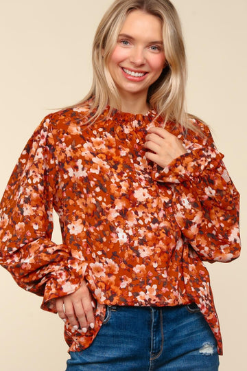 Plus Rust Frilled Mock Neck W/Button Floral Print Top