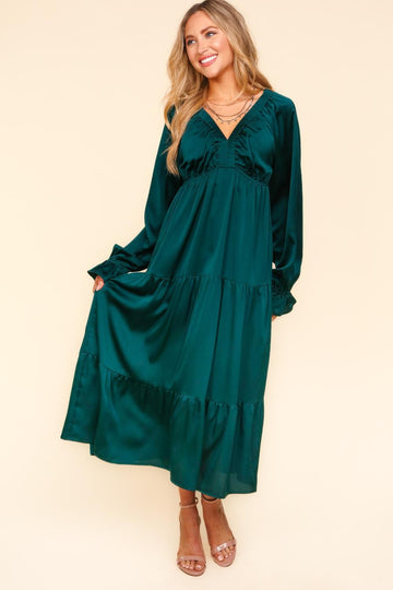Hunter Green Babydoll Maxi Dress with Side Pockets