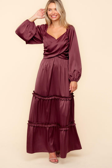SATIN FRONT OVERLAP SMOCKED BACK MAXI DRESS