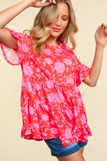 CORAL BABYDOLL PEPLUM FLORAL PRINT KNIT TOP