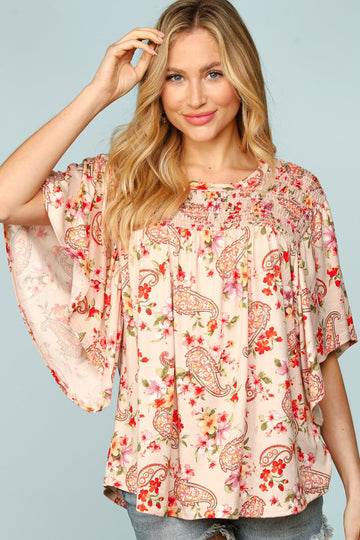 Blush Coral Floral Paisley Smocked Neck Short Sleeve Top